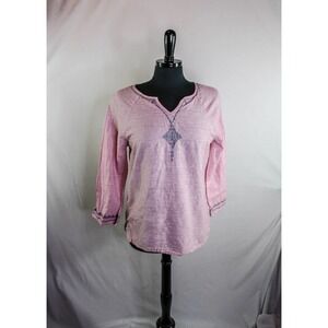 Pendleton Top Cotton Linen Pin Stripes Embroidery Pink White Gray Size S